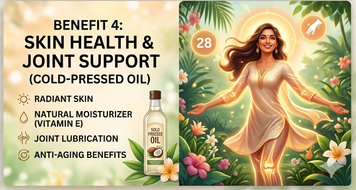 Advertisement for a cold-pressed oil with benefits listed, featuring a woman and oil bottle against a tropical background.