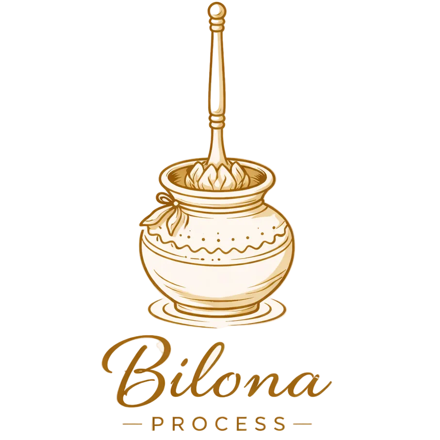 Logo of Biloná Process with a stylized pot and whisk on a beige background