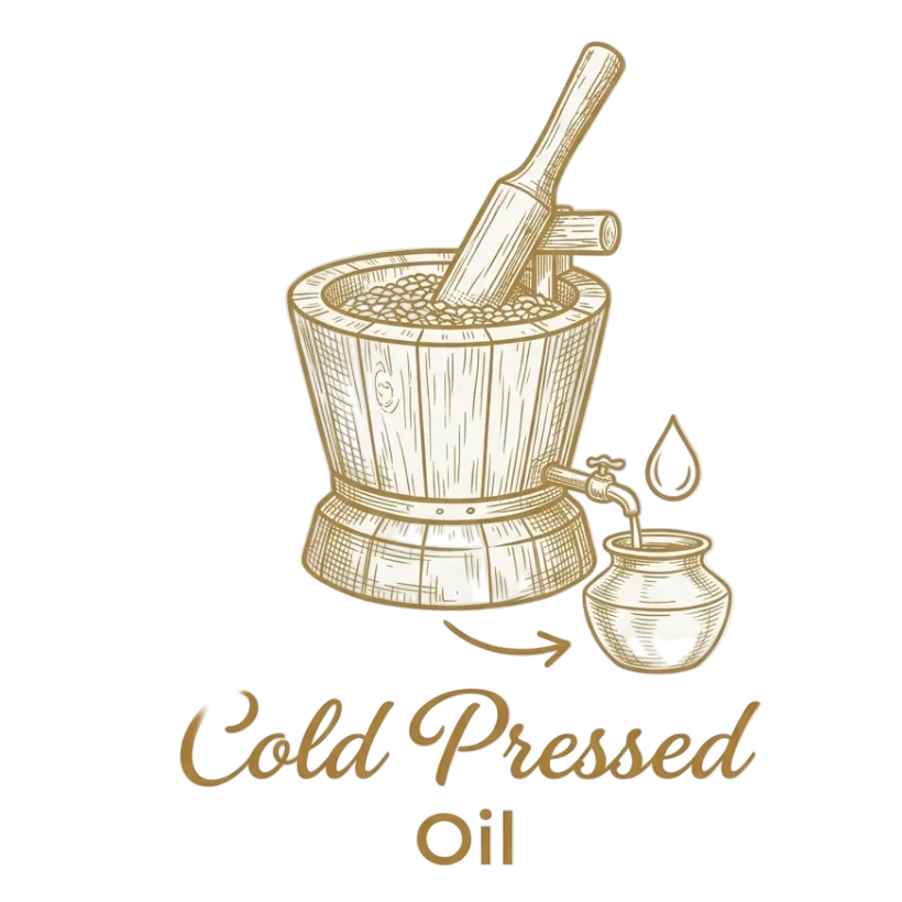 Illustration of a mortar and pestle with a small pot and droplet, labeled 'Cold Pressed Organic Oil Seeds' on a white background.