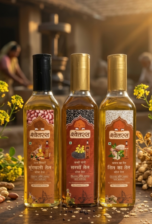 Three bottles of a traditional oil product with decorative labels on a wooden surface, surrounded by flowers and natural elements.