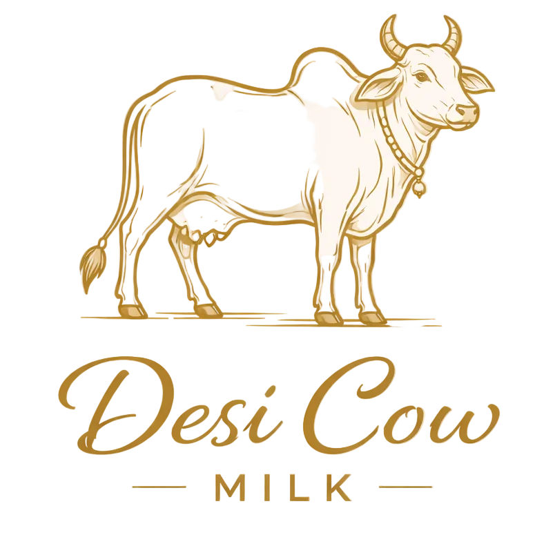 Logo of Desi Cow Milk with a cow illustration on a beige background