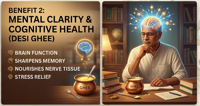 Advertisement for Shwetras Desi Ghee with benefits listed on the left and an image of a man at a desk on the right.