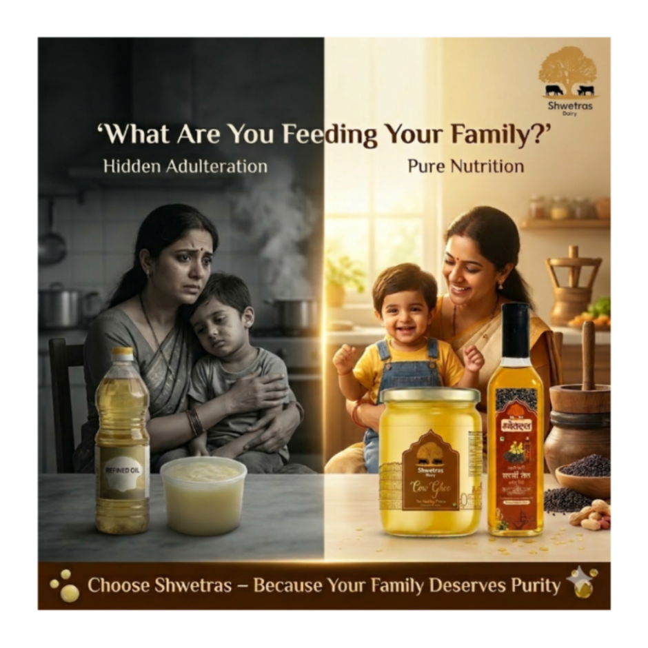 Advertisement comparing hidden adulteration to pure nutrition with Shwetras products.